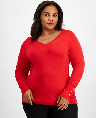 Jm Collection Plus Buttoned-Cuff Sweater, Created for Macy's