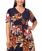 Msk Plus Size Printed V-Neck Button-Front Short-Sleeve Dress