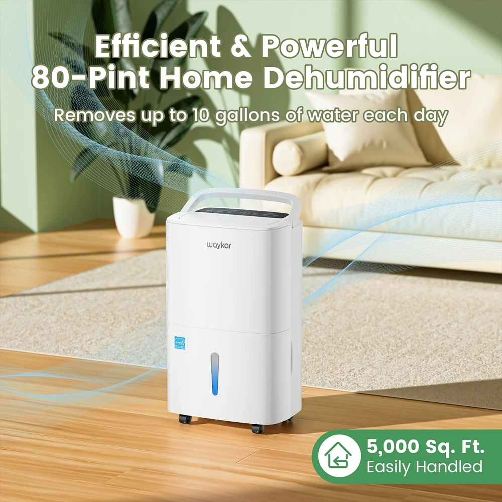 Waykar 80 Pint Energy Star Dehumidifier for Rooms, Basement, Bathroom, Up to 5000 sq.ft
