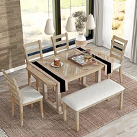 6-Piece Rubberwood Dining Table Set With Beautiful Wood Grain Pattern Table Top Solid Wood