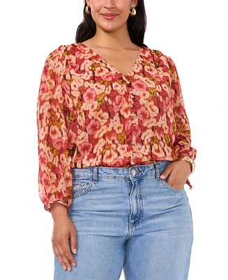 Vince Camuto Women's Plus Floral-Print Shirred-Shoulder Button-Front V-Neck Blouse