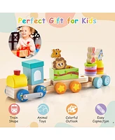Wooden Stackable Train Set Kids Educational Fun Cars with Animal Toys & Locomotive