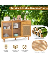 Costway Buffet Sideboard Cabinet Rattan Console Table with Sliding Doors Storage Drawer