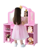 Costway Vanity Table Set Makeup Dressing Kids Girls Study Tri Folding