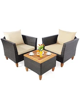 Gymax 3PCS Patio Furniture Set Conversation Bistro Set w/ Acacia Wood & Cushions Beige