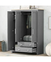 Streamdale Furniture Three Door Storage Wardrobe with Cabinets and Two Hanging Rods, Gray