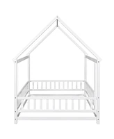 Full Size Floor Wooden Bed with House Roof Frame, Fence Guardrails, White