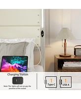 King Size Bed Frame with Upholstered Headboard and 4 Storage Drawers, King Bed Frame with Charging Station and Led Lights, Wood Slats, Beige Faux Leat