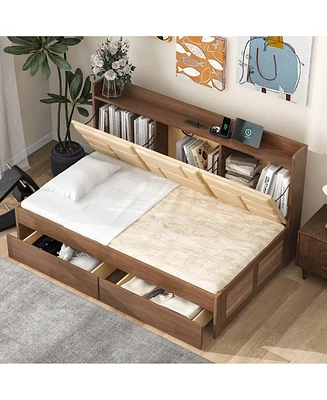 Simplie Fun Twin Size Wood Daybed with Upholstered Storage Shelves, Usb Ports and 2 Drawers, Wood Color