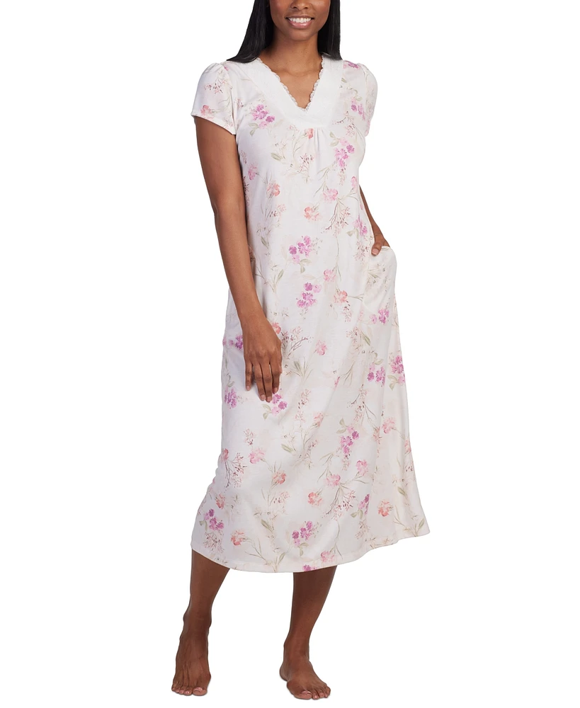 Miss Elaine Women's Floral Cap-Sleeve Lace-Trim Nightgown