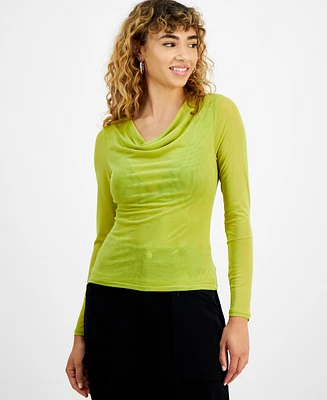 Bar Iii Women's Cowlneck Long-Sleeve Mesh Top, Created for Macy's