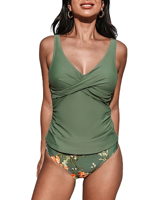 Cupshe Women's Wrapped Tankini Top & Tropical Mid-Rise Bottoms Set