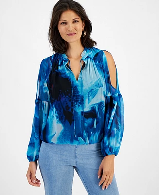 I.n.c. International Concepts Women's Crinkle Chiffon Cold-Shoulder Blouse, Created for Macy's