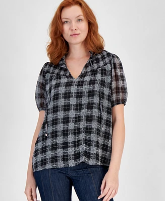 Tommy Hilfiger Women's Plaid Smocked Short-Sleeve Popover Top