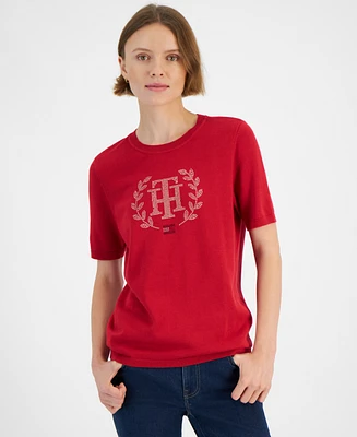 Tommy Hilfiger Women's Cotton Logo-Crest Crewneck Short Sleeve Sweater