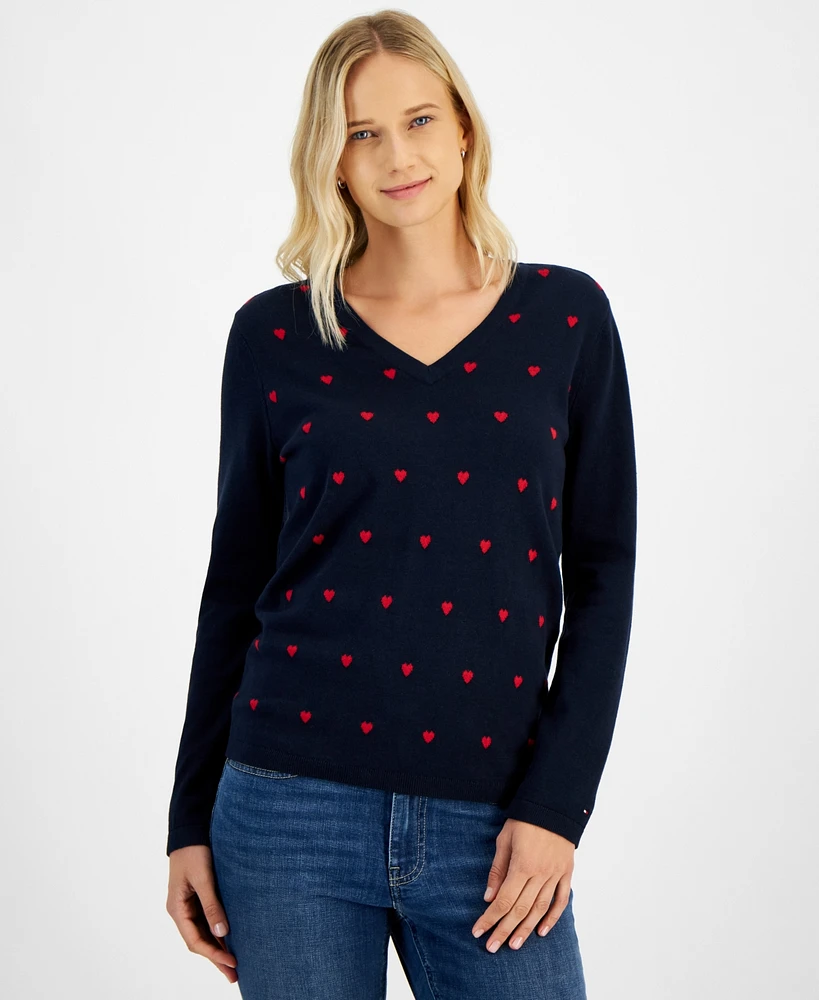 Tommy Hilfiger Women's Heart Print V-Neck Long-Sleeve Cotton Sweater