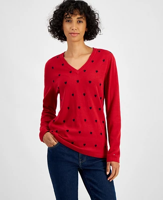 Tommy Hilfiger Women's Heart Print V-Neck Long-Sleeve Cotton Sweater