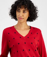 Tommy Hilfiger Women's Heart Print V-Neck Long-Sleeve Cotton Sweater