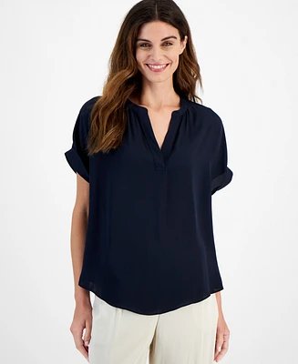 T Tahari Women's Split-Neck Rolled-Cuff Top