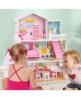 Costway Kids Wooden Dollhouse Playset with 5 Simulated Rooms & 10 Pieces of Furniture