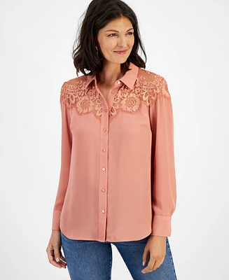 I.n.c. International Concepts Women's Lace-Top Button-Up Shirt, Created for Macy's