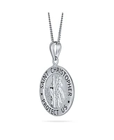 Bling Jewelry Medium Size Parton Of Safe Travel "Protect Us" Religious Medal Medallion Round Saint Christopher Pendant Necklace For Women Sterling Sil