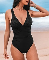 Cupshe Women's Black Jacquard Plunging Tummy Control One-Piece