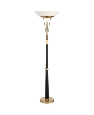 Possini Euro Design Ventura Mid Century Modern Torchiere Floor Lamp Standing Led 75" Tall Black Antique Brass Gold Metal Frosted Glass Bowl Shade for