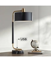 Possini Euro Design Myles Mid Century Modern Desk Lamp with Dual Usb Charging Ports 24" High Black Gold Metal Drum Shade Decor for Bedroom Living Room