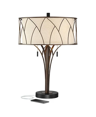 Franklin Iron Works Sydney Mid Century Modern Industrial Table Lamp with Usb Charging Port 26" High Brown Metal Drum Shade Decor for Living Room Bedro