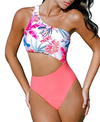 Cupshe Women's Floral One-Shoulder Asymmetrical Cutout One Piece Swimsuit