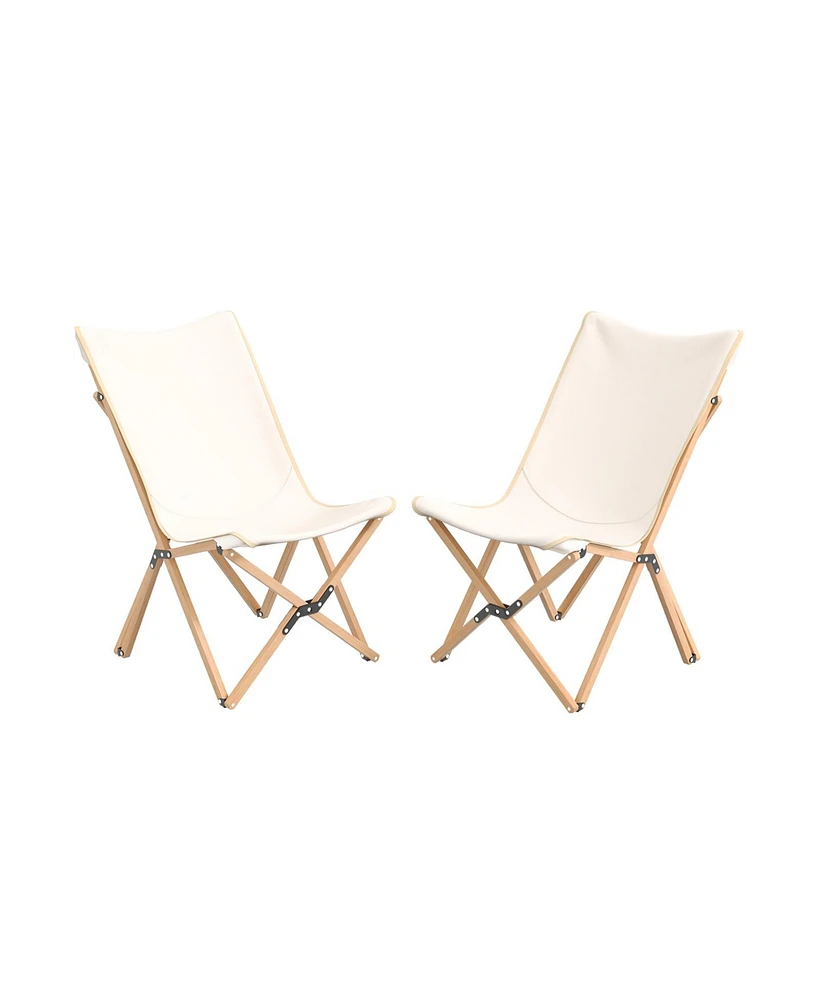 Slickblue Set of 2 Bamboo Dorm Chair with Storage Pocket for Camping and Fishing-Beige