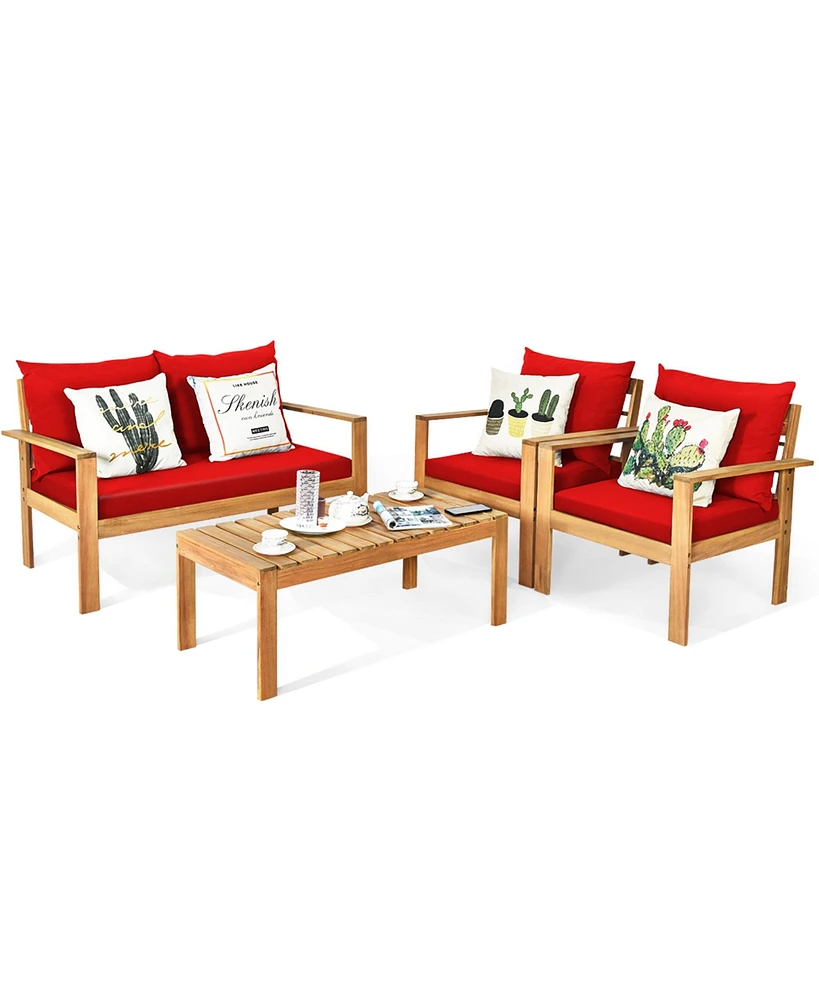 Gymax 4PCS Patio Acacia Wood Conversation Furniture Set w/ Red Cushions