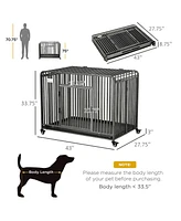 PawHut 43" Heavy Duty Dog Cage, Foldable Steel Crate Kennel with Removable Tray, Double Doors, 4 Lockable Wheels for Medium & Large Dogs, Dark Silver