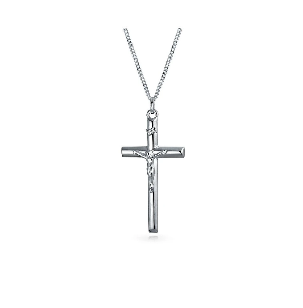 Bling Jewelry Simple Christian Catholic Religious Jewelry Large Jesus Crucifix Cross Necklace Pendant For Women Sterling Silver 2 Inch