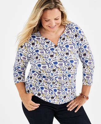 Style & Co Plus Printed Henley 3/4-Sleeve Top, Created for Macy's