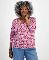 Style & Co Plus Size Printed Henley 3/4-Sleeve Top, Created for Macy's