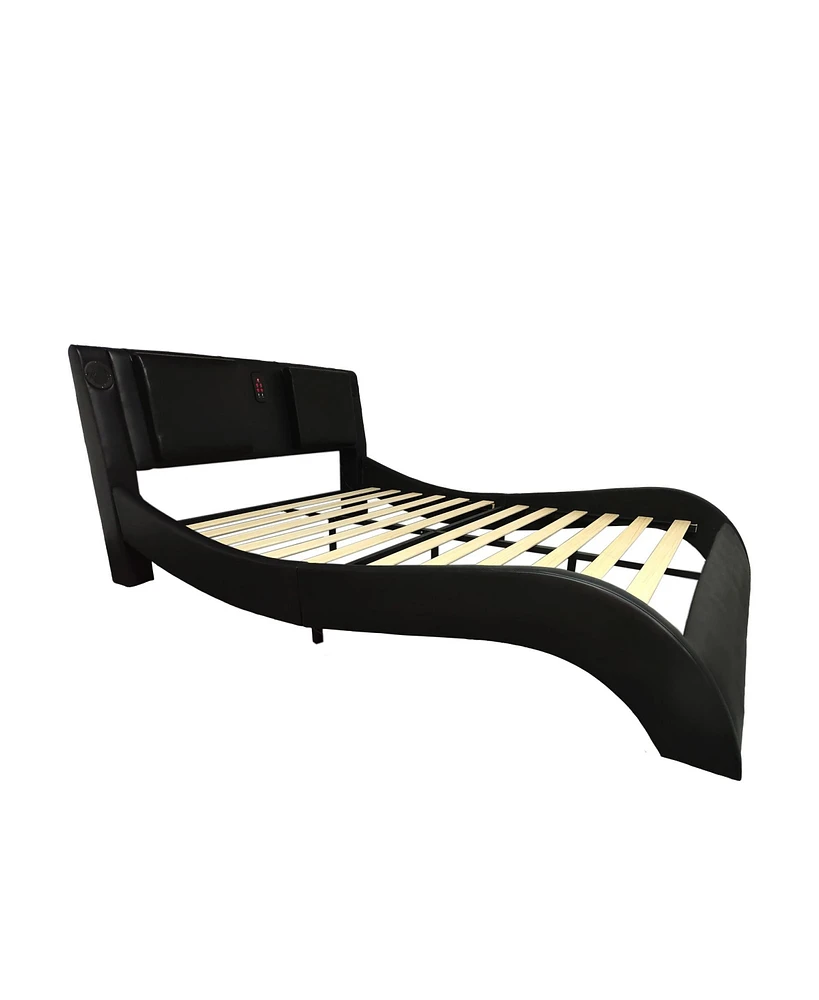 Simplie Fun Faux Leather Upholstered Platform Bed Frame with led Lighting, Bluetooth connection to play music control, Backrest vibration massage, Cur