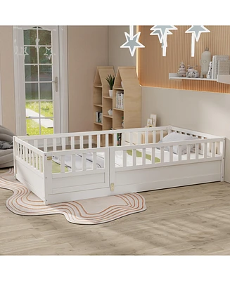 Simplie Fun Twin Size Floor bed, integral construction with super high security barrier, door, children's floor bed frame, Montessori wooden children'