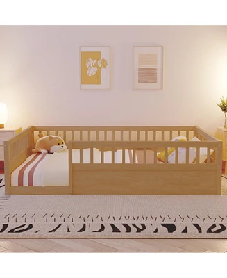 Simplie Fun Full Floor Bed Frame with Fence, Wood Kids Floor Beds Frame for Bedroom Playroom, Natural date Jul. 10th)