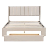 Simplie Fun Queen Size Storage Bed Velvet Upholstered Platform Bed with a Big Drawer - Beige