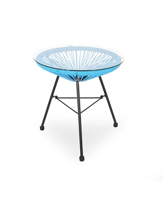 Simplie Fun Modern Rattan Side Table with Tempered Glass for Outdoor Decor