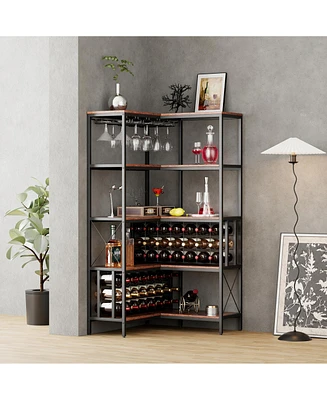 Simplie Fun Industrial Corner Wine Rack with Glass Holder and Ample Storage