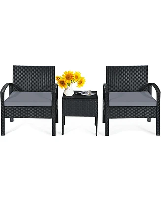 Gymax 3PCS Patio Rattan Conversation Furniture Set Outdoor Yard w/ Grey Cushions