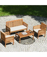 Gymax 4PCS Wooden Patio Conversation Set Outdoor Furniture Set w/ Cushion