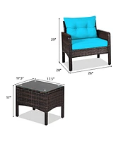 Gymax 3PCS Patio Outdoor Rattan Furniture Set w/ Coffee Table Turquoise Cushion