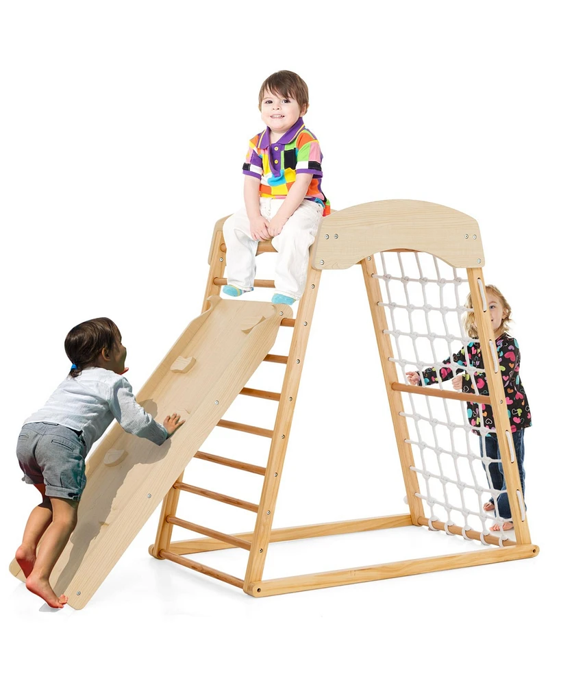 Slickblue 6-in-1 Jungle Gym Wooden Indoor Playground with Double-Sided Ramp and Monkey Bars-Natural