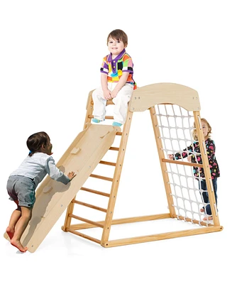 Slickblue 6-in-1 Jungle Gym Wooden Indoor Playground with Double-Sided Ramp and Monkey Bars-Natural