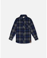 Deux par Toddler Boys Button Down Flannel Shirt With Pocket Plaid Navy And Gray - Toddler|Child