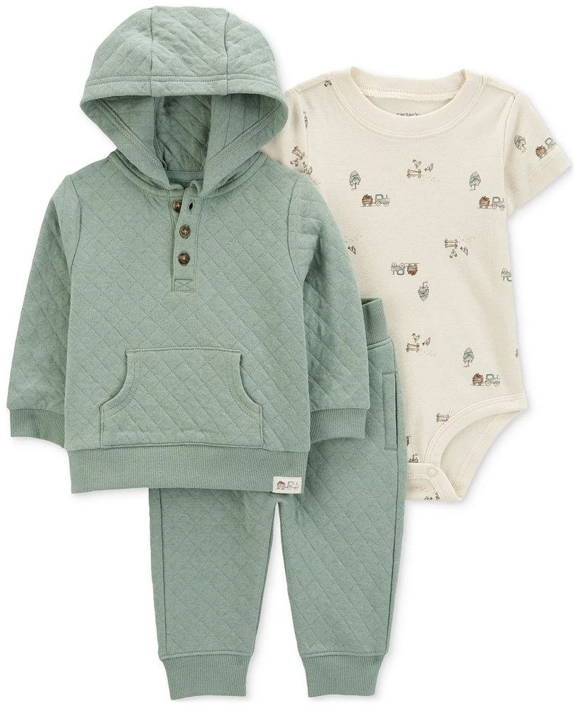 Carter's Baby Boys Quilted Little Pullover Cardigan, Bodysuit & Pants, 3 Piece Set